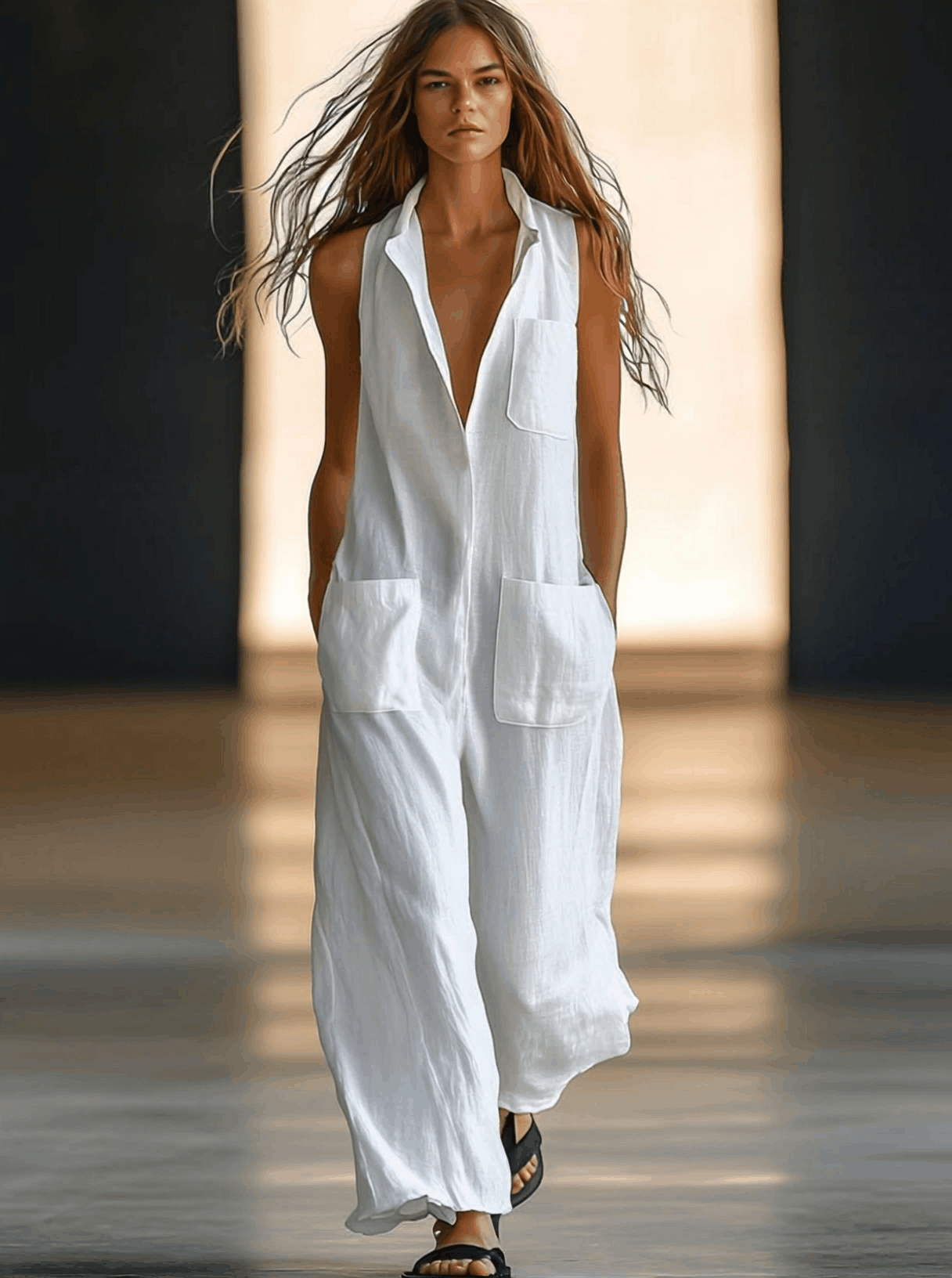 Tempest | Shirt Collar Sleeveless Patch Pocket Wide Leg Linen Blend Jumpsuit
