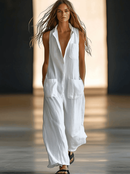 Tempest | Shirt Collar Sleeveless Patch Pocket Wide Leg Linen Blend Jumpsuit