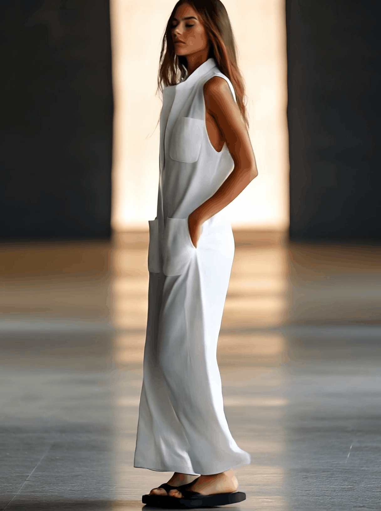 Tempest | Shirt Collar Sleeveless Patch Pocket Wide Leg Linen Blend Jumpsuit