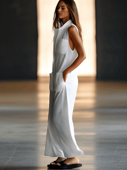 Tempest | Shirt Collar Sleeveless Patch Pocket Wide Leg Linen Blend Jumpsuit