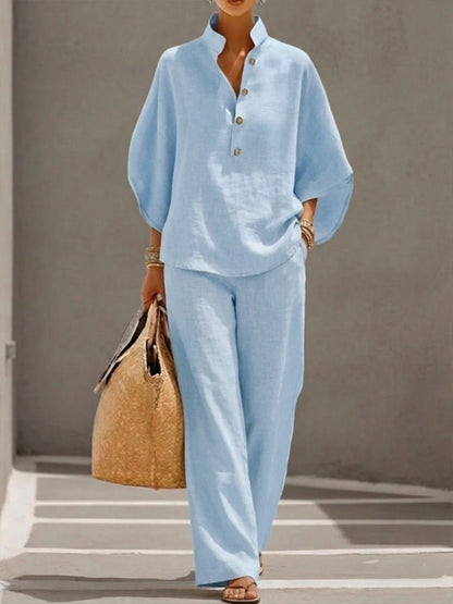 Madison | Linen Blend Batwing Sleeve Wide Leg Two Piece Set