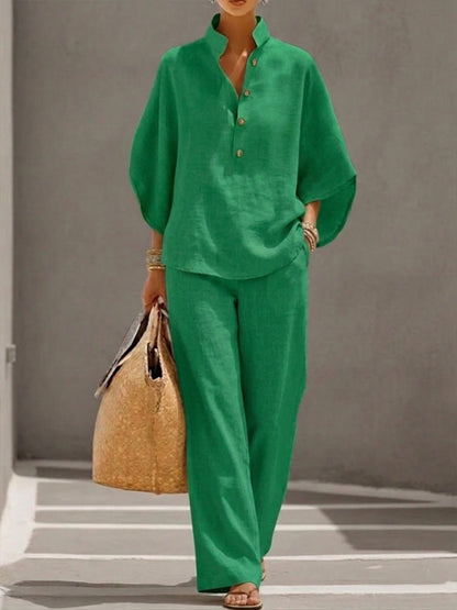 Madison | Linen Blend Batwing Sleeve Wide Leg Two Piece Set