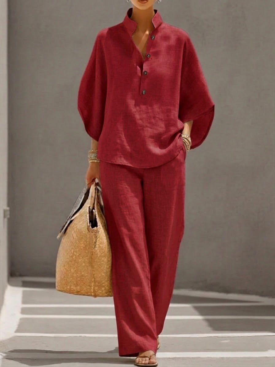 Madison | Linen Blend Batwing Sleeve Wide Leg Two Piece Set