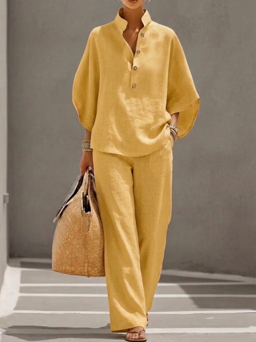 Madison | Linen Blend Batwing Sleeve Wide Leg Two Piece Set