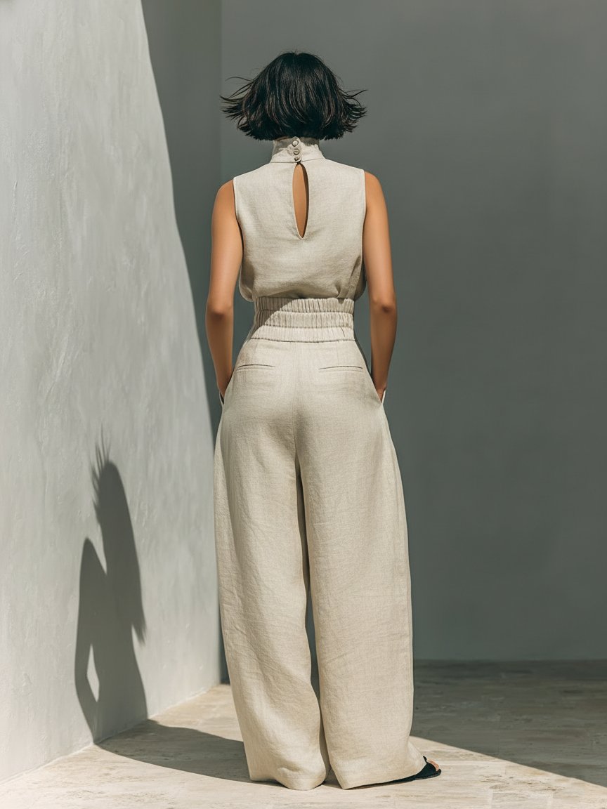 Emma | Turtleneck Sleeveless Top Wide Leg Pants Linen Blend Two Piece Set