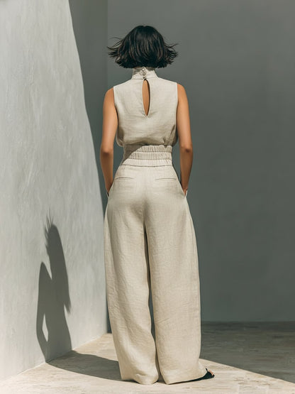 Emma | Turtleneck Sleeveless Top Wide Leg Pants Linen Blend Two Piece Set