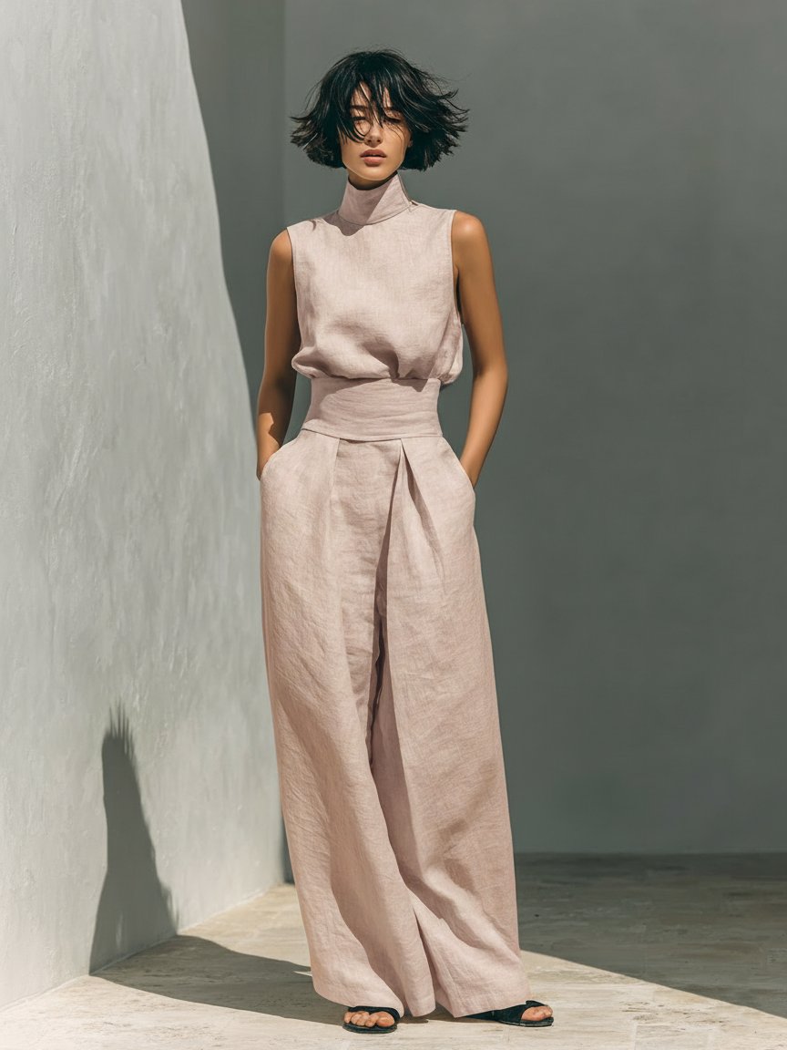 Emma | Turtleneck Sleeveless Top Wide Leg Pants Linen Blend Two Piece Set