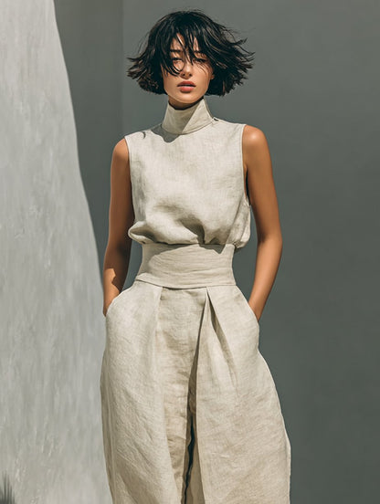 Emma | Turtleneck Sleeveless Top Wide Leg Pants Linen Blend Two Piece Set