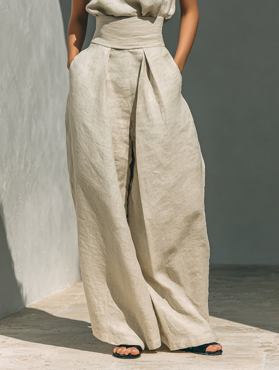 Emma | Turtleneck Sleeveless Top Wide Leg Pants Linen Blend Two Piece Set
