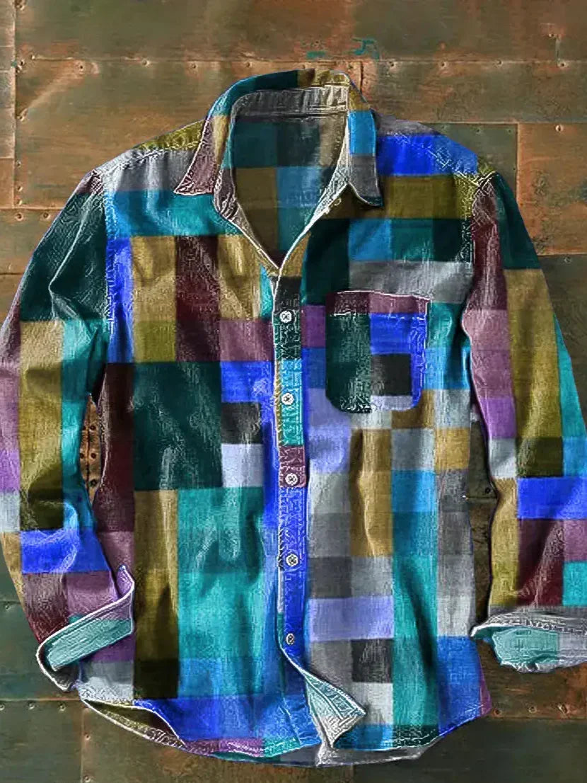 Caspian | Men's Patchwork Check Long Sleeve Button Down Linen Blend Shirt