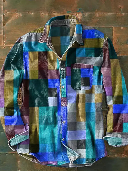 Caspian | Men's Patchwork Check Long Sleeve Button Down Linen Blend Shirt