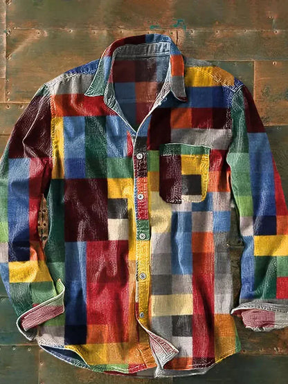 Caspian | Men's Patchwork Check Long Sleeve Button Down Linen Blend Shirt