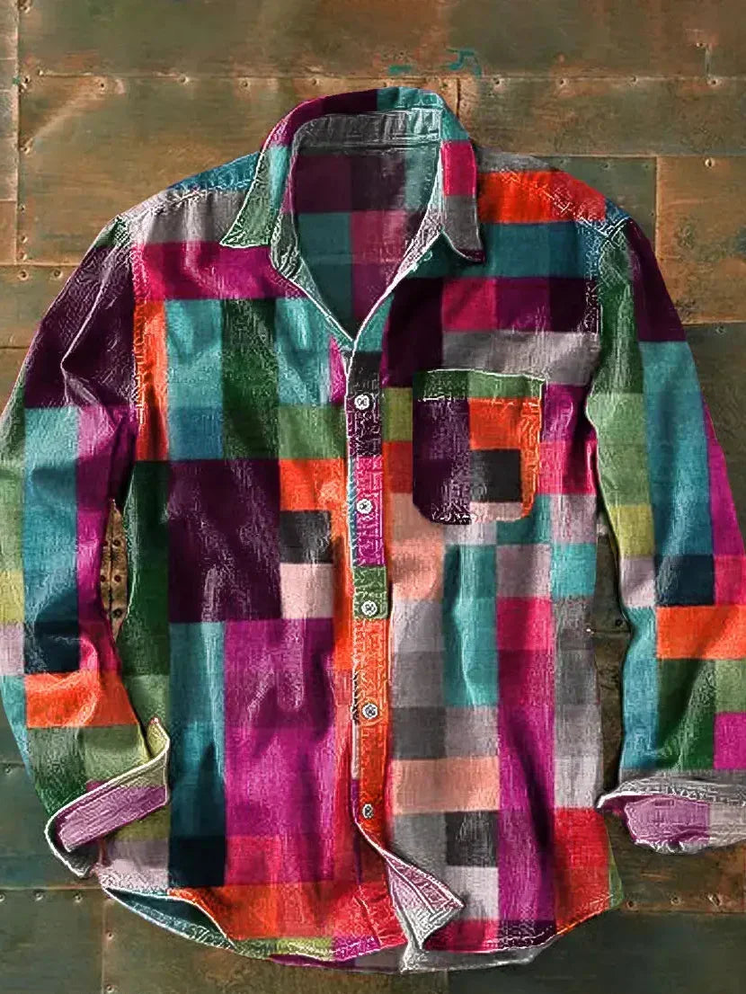 Caspian | Men's Patchwork Check Long Sleeve Button Down Linen Blend Shirt