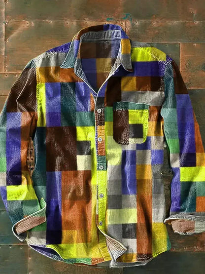 Caspian | Men's Patchwork Check Long Sleeve Button Down Linen Blend Shirt