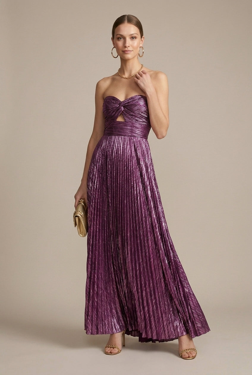 Stella | Metallic Pleated Strapless Twist Detail Maxi Dress