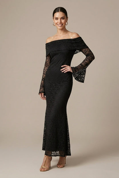 Luna | Lace Off Shoulder Bell Sleeve Maxi Wedding Guest Dress