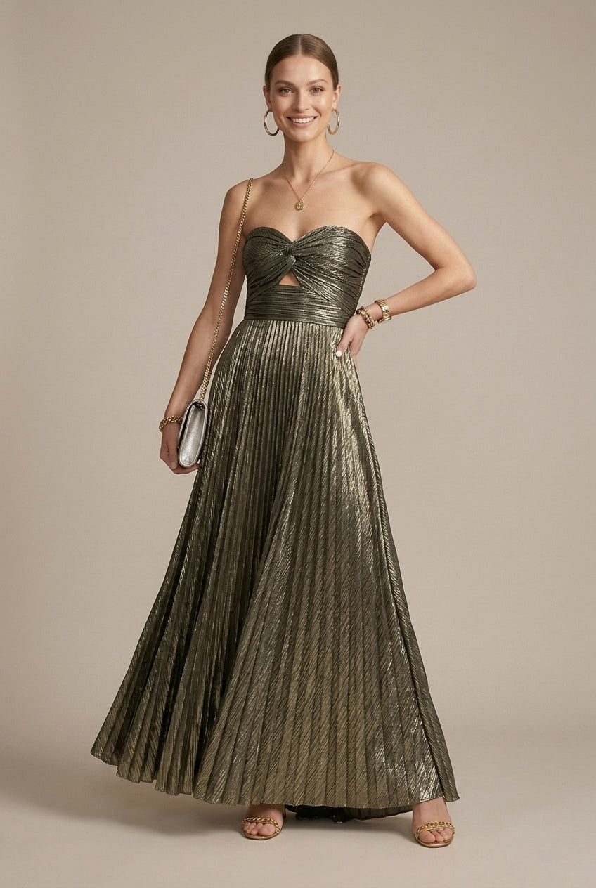 Stella | Metallic Pleated Strapless Twist Detail Maxi Dress