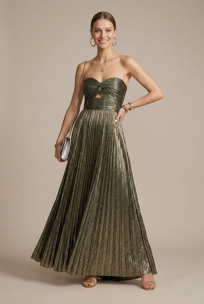 Stella | Metallic Pleated Strapless Twist Detail Maxi Dress