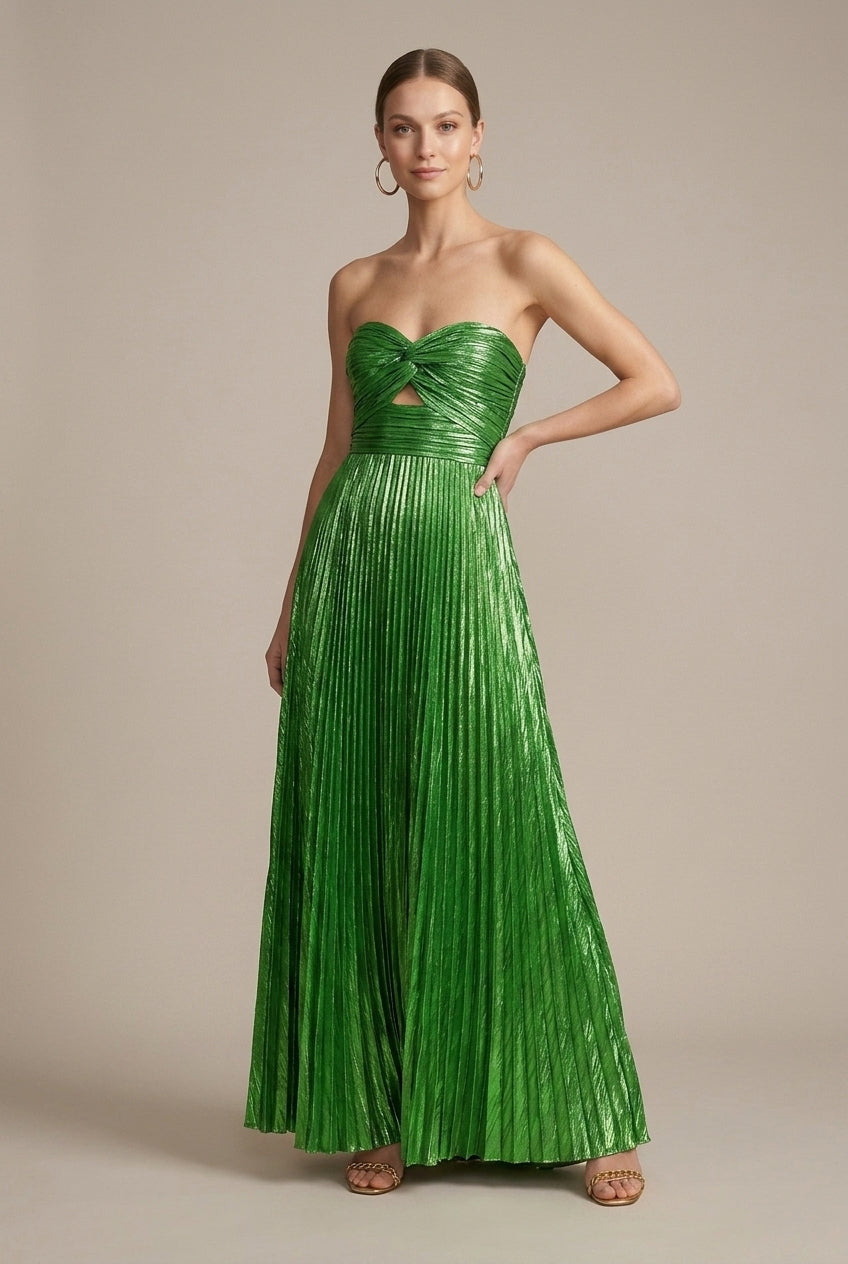 Stella | Metallic Pleated Strapless Twist Detail Maxi Dress