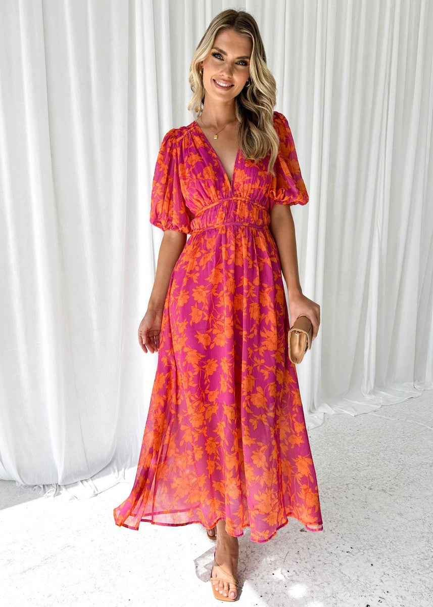 Isabella | Puff Sleeve Floral Deep V Neck Flowing Maxi Wedding Guest Dress