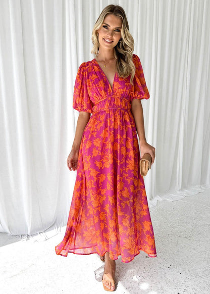 Isabella | Puff Sleeve Floral Deep V Neck Flowing Maxi Wedding Guest Dress