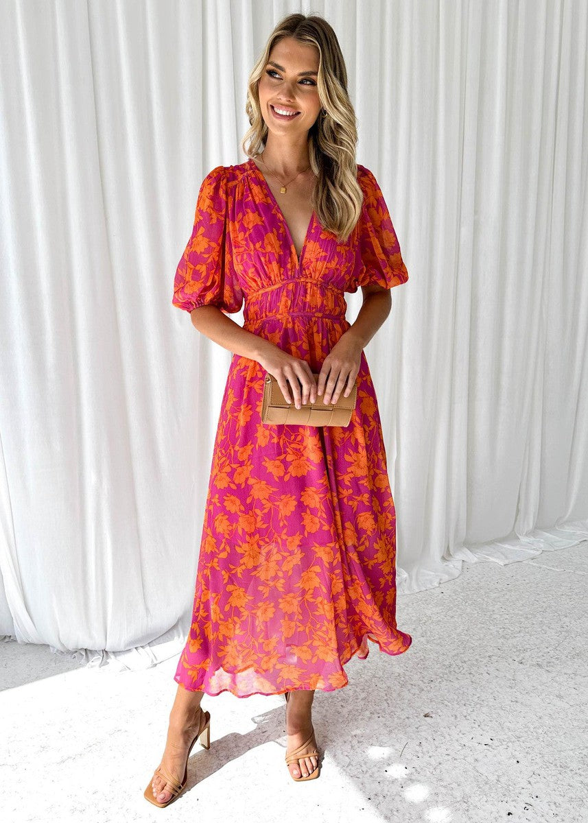 Isabella | Puff Sleeve Floral Deep V Neck Flowing Maxi Wedding Guest Dress