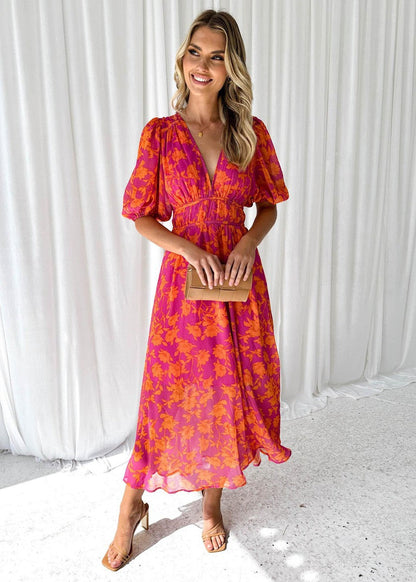 Isabella | Puff Sleeve Floral Deep V Neck Flowing Maxi Wedding Guest Dress