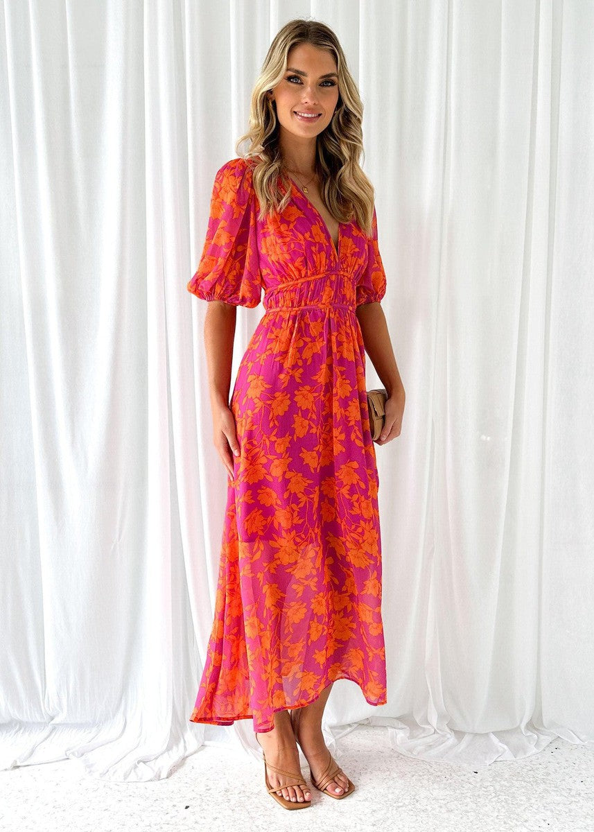 Isabella | Puff Sleeve Floral Deep V Neck Flowing Maxi Wedding Guest Dress