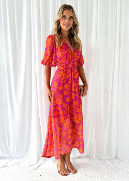 Isabella | Puff Sleeve Floral Deep V Neck Flowing Maxi Wedding Guest Dress