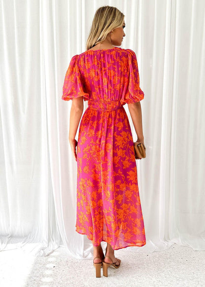 Isabella | Puff Sleeve Floral Deep V Neck Flowing Maxi Wedding Guest Dress