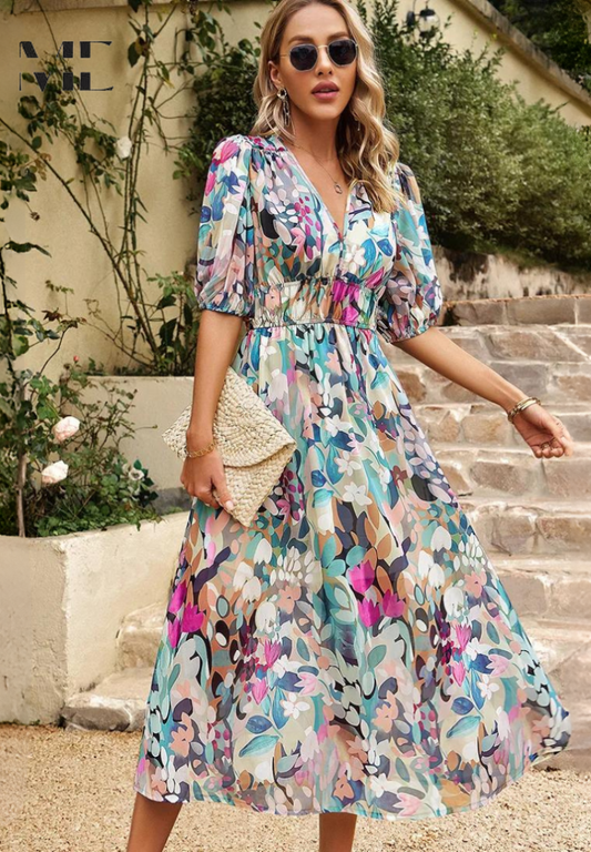 Jasmine | Floral V Neck Puff Sleeve Flowing Midi Wedding Guest Dress