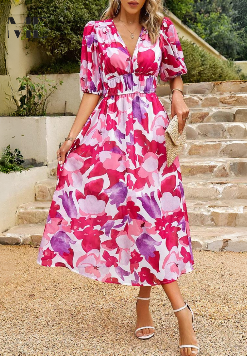 Jasmine | Floral V Neck Puff Sleeve Flowing Midi Wedding Guest Dress