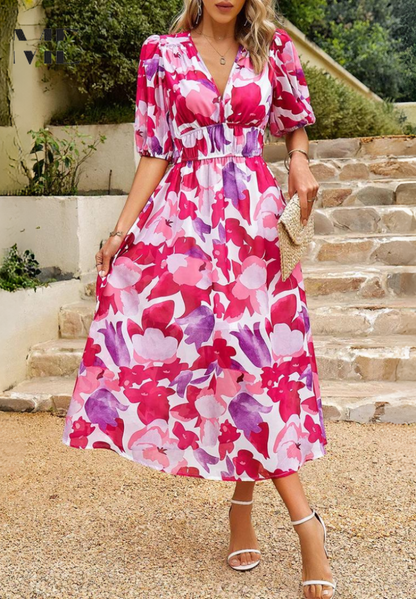 Jasmine | Floral V Neck Puff Sleeve Flowing Midi Wedding Guest Dress