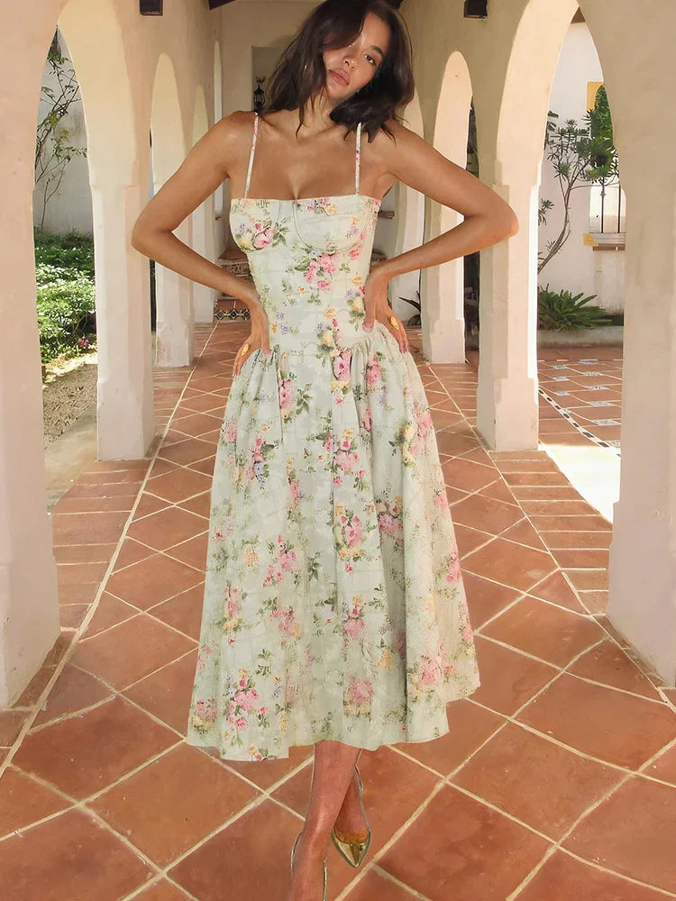 Hazel | Floral Spaghetti Strap Corset Bodice A-Line Midi Wedding Guest Dress