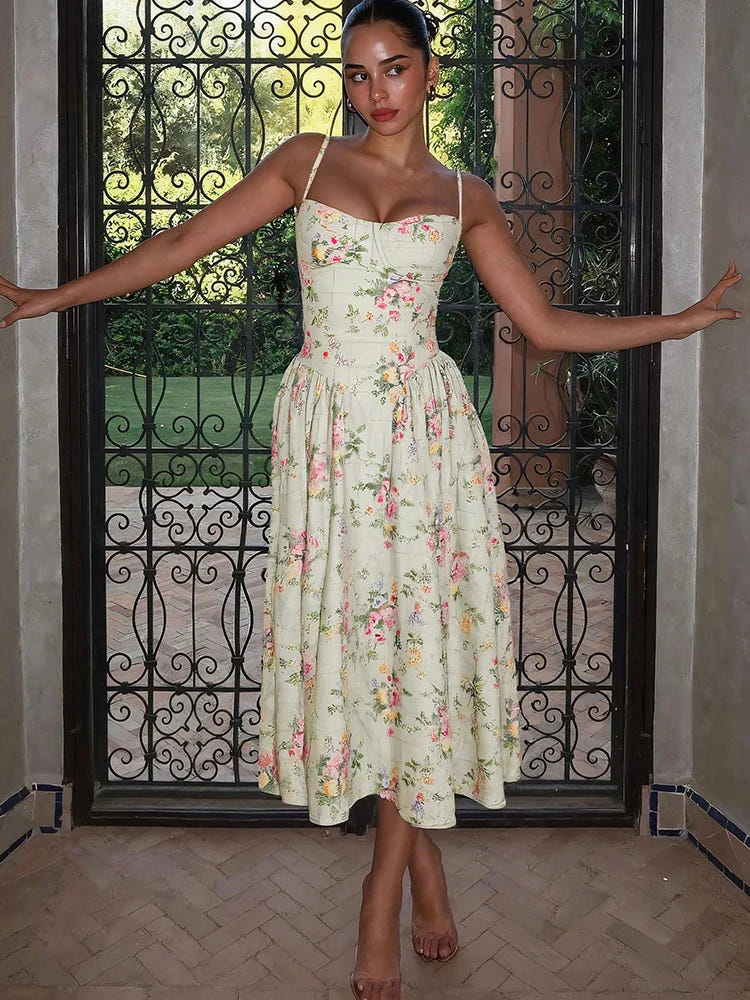 Hazel | Floral Spaghetti Strap Corset Bodice A-Line Midi Wedding Guest Dress