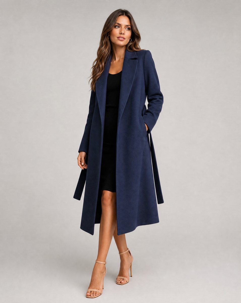Genevieve | Women's Belted Wool-Blend Long-Line Trench Coat Notch Lapel Overcoat