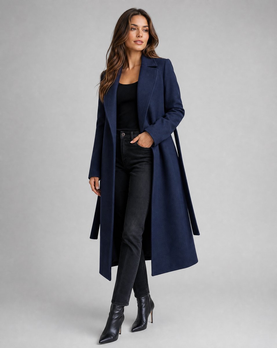 Genevieve | Women's Belted Wool-Blend Long-Line Trench Coat Notch Lapel Overcoat