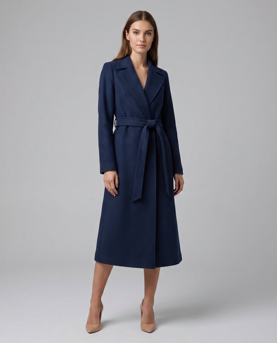 Genevieve | Women's Belted Wool-Blend Long-Line Trench Coat Notch Lapel Overcoat