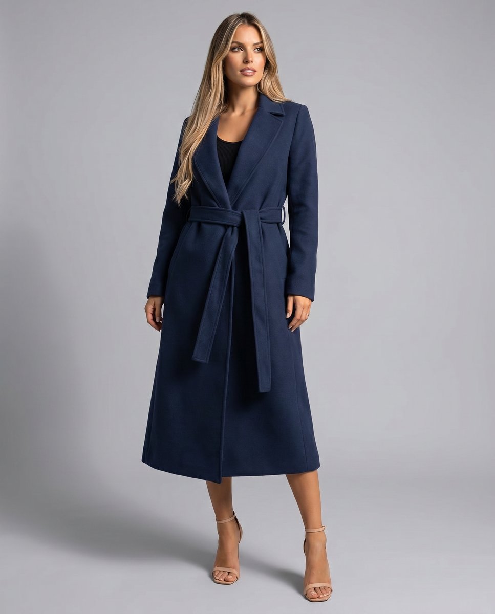 Genevieve | Women's Belted Wool-Blend Long-Line Trench Coat Notch Lapel Overcoat
