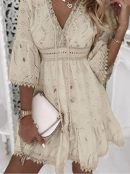 Scarlett | Bell Sleeve Eyelet Lace V Neck Relaxed Boho Mini Summer Dress