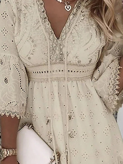 Scarlett | Bell Sleeve Eyelet Lace V Neck Relaxed Boho Mini Summer Dress