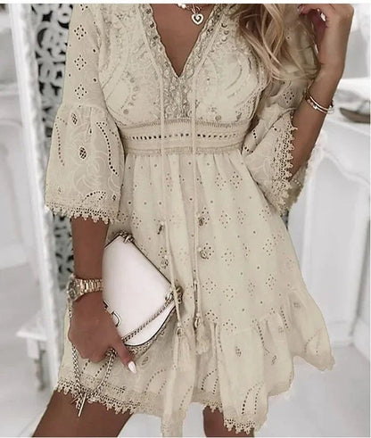 Scarlett | Bell Sleeve Eyelet Lace V Neck Relaxed Boho Mini Summer Dress