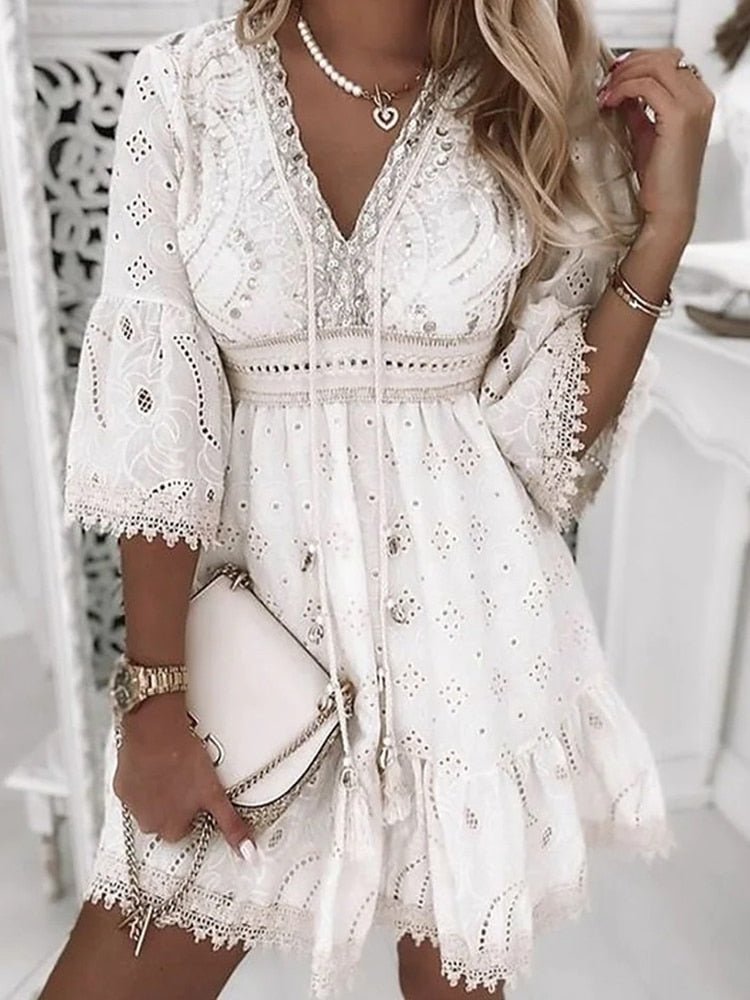Scarlett | Bell Sleeve Eyelet Lace V Neck Relaxed Boho Mini Summer Dress