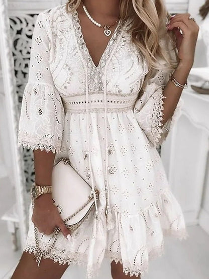 Scarlett | Bell Sleeve Eyelet Lace V Neck Relaxed Boho Mini Summer Dress