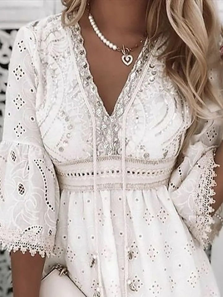 Scarlett | Bell Sleeve Eyelet Lace V Neck Relaxed Boho Mini Summer Dress