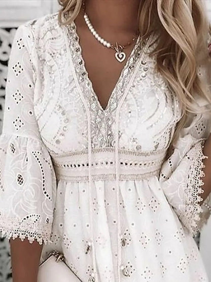 Scarlett | Bell Sleeve Eyelet Lace V Neck Relaxed Boho Mini Summer Dress