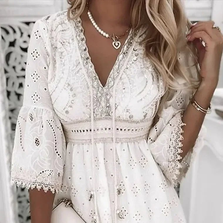 Scarlett | Bell Sleeve Eyelet Lace V Neck Relaxed Boho Mini Summer Dress