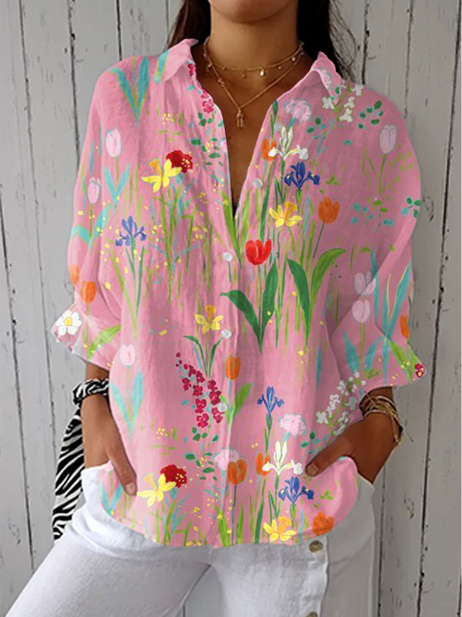Luna | Floral Print Lapel Collar Button Down Long Sleeve Casual Blouse