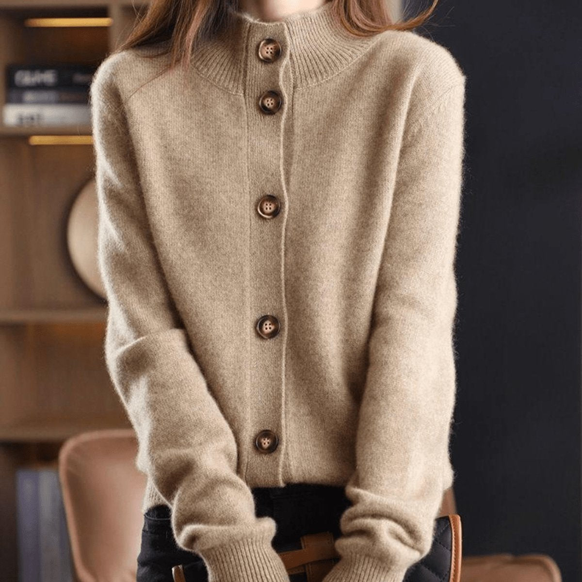 Rosalind | Women's Cashmere Blend Button-Front Mock Neck Knit Cardigan