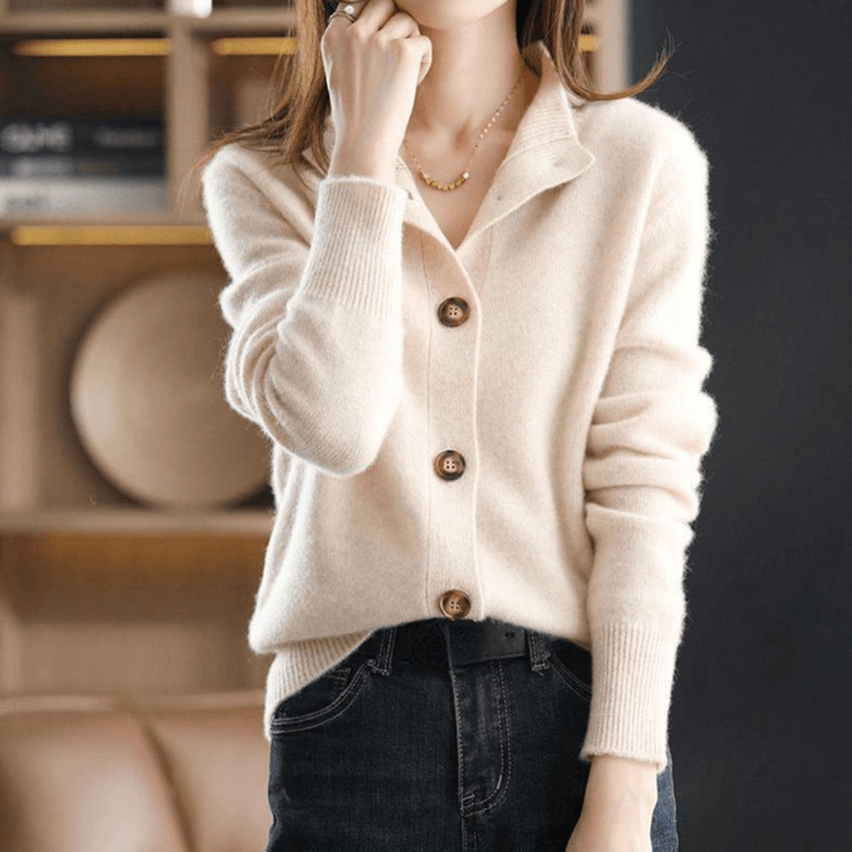 Rosalind | Women's Cashmere Blend Button-Front Mock Neck Knit Cardigan